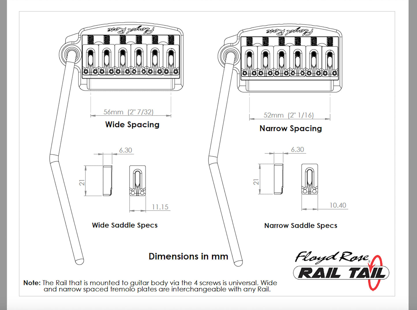 Floyd Rose RT200N Black Rail Tail Tremolo 4 Fender Stratocaster Type Guitars Narrow String Spacing
