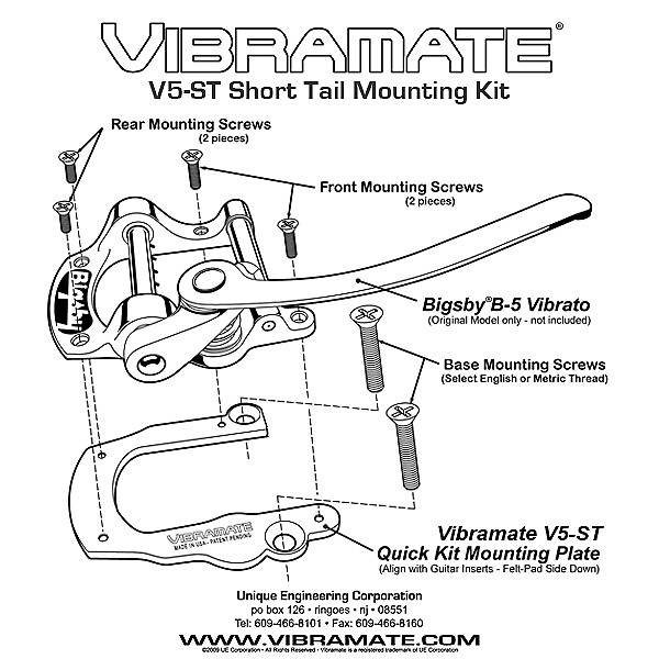 Vibramate V5 Short Tail Chrome 4 SG bolt-on Bigsby B5 tremolo Adapter no holes or mods needed